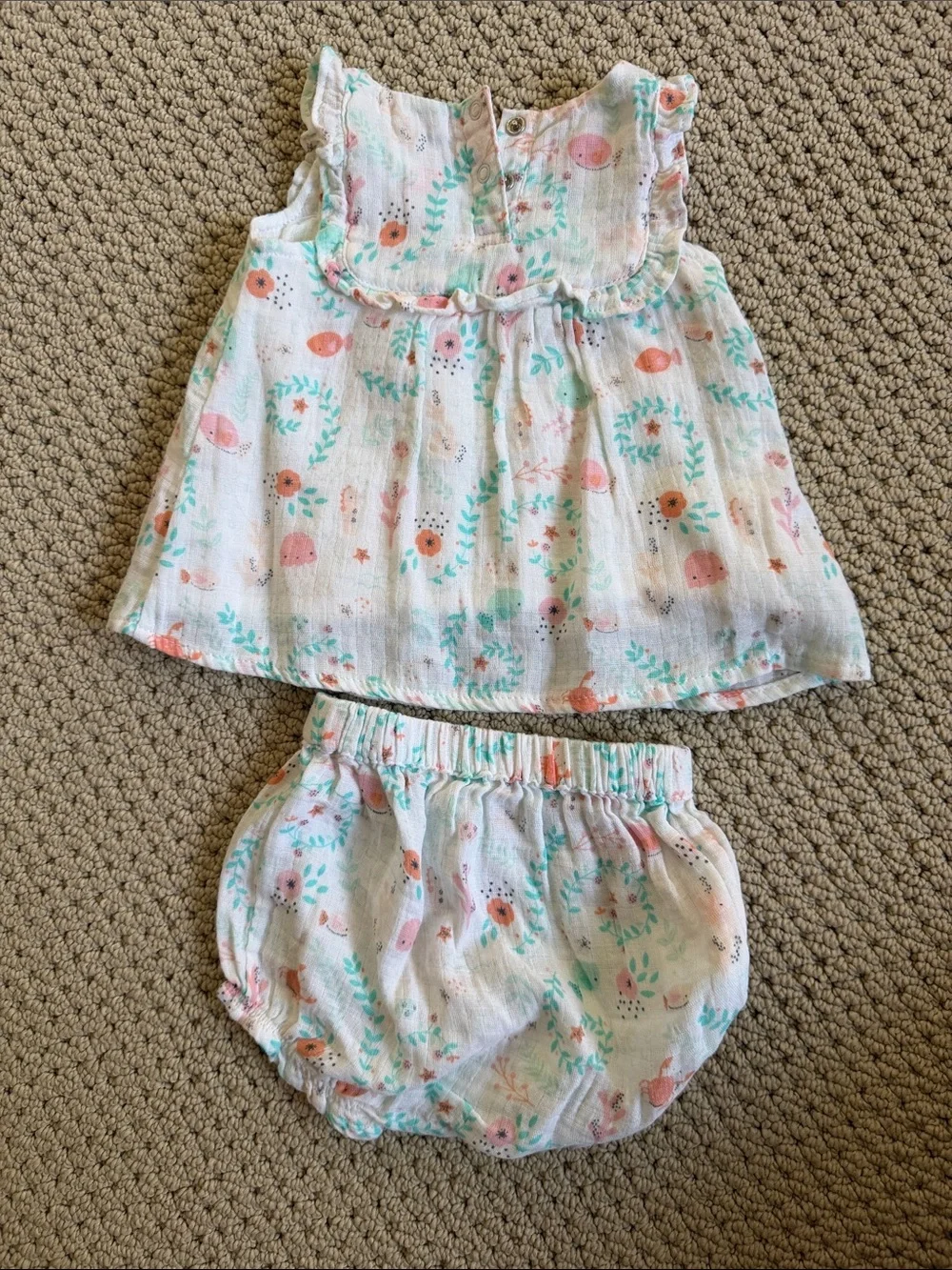 Angel Dear White Muslin Tank Top & Bloomers Set with Mint and Coral Print